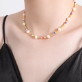 French vintage titanium steel necklace with colorful glass beads and white freshwater pearls - P1531-Freshwater Pearl Colorful Beaded Necklace / 40+7cm / Colorful