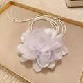 Elegant white fabric flower choker with long ribbon on golden tray and white fur background - 18# White Chiffon Layered Flower Tie Choker