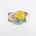 Artificial flower hair clips with colorful fabric roses and decorative leaf accents - Style 9 (Yellow & Turquoise Mix)