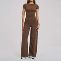 Women's 2-piece coffee brown brushed yoga set with fitted t-shirt and high waist wide leg pants - S / Chocolate Brown
