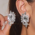 Luxury silver bridal clip-on earrings featuring large rectangular zircon with long fringe - Rectangular Cluster Style / White Zirconia