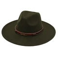 Close-up of olive green fedora with decorative metal feather and ethnic beadwork - Adult (57-60cm) / Army Green Heart (Gold Feather)