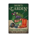 Vintage metal Mom's Garden sign featuring colorful tulips and gardening tools - 11740(22)
