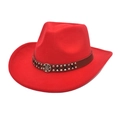 Detail of red wool felt cowboy hat with silver rivets on a brown leather band - M (56-58cm) / Red