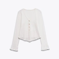 White V-neck knitted cardigan with gold buttons and ruffled hem in soft cotton blend - S / White