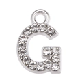 Detailed view of silver letter G pendant with white rhinestones and a hanging loop - Letter G
