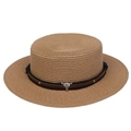 Flat top khaki straw western hat with bull head metal trim and double decorative bands - Cow Skull Studded Belt Style (298K)