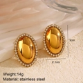 Golden oval stainless steel earrings with sparkling rhinestone border 3cm by 2.1cm size - Gold Oval Style (ZN990)