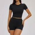 Women's black two-piece yoga set featuring a short sleeve crop top and high waist shorts - S / Short Sleeve + Shorts — Premium Black