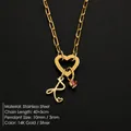 Elegant stainless steel necklace featuring heart clasp, letter R and pink zircon pendant - Letter R