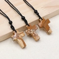 Natural agate cross necklace with marble texture and black woven cord for women - Picture Jasper