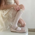 White knit over-the-knee socks with ruffled lace trim for a sweet Lolita style aesthetic - One Size / Cream White (Long)