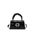 Sac bandoulière en cuir verni croco noir avec boucle en strass et poignée plissée - Boucle Ronde en Strass / Noir