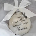 Memorial feather ball ornament for Grandpa with silver angel charm and silk bow - Grandpa
