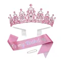 Pink rhinestone Birthday Queen tiara set with glitter sash and pearl safety pin - Pink Birthday Set (It's my Birthday)