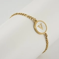 Gold Figaro chain bracelet featuring a white shell pendant with initial V letter - Letter V / Gold/White Shell