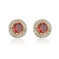 Macro shot of 18K gold plated stud earrings with round red stone and zircon halo - Gold/Red