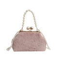 Elegant pink plush handbag with decorative pearl handle and sphere lock detail - Pink