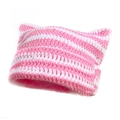 Pink and white striped handmade crochet cat ear hat with warm knitted texture - One Size / Pink White