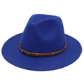 Macro detail of royal blue wool felt fedora featuring braided brown trim and nautical metal piece - Sapphire Blue
