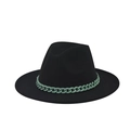 Detail of black wool fedora hat featuring a decorative light green thick chain accessory - Adult 57-60cm / Black With Green Chain (02)