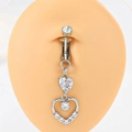 Detail of silver heart belly ring with white rhinestones on model skin simulation - Double Heart Dangle (K-482) / Silver (Non-Piercing)