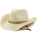 Western style beige woven straw cowboy hat with decorative beads and adjustable wind rope - M(56-58cm) / Beige