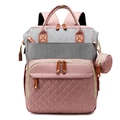 Pink and grey diaper bag backpack with quilted pattern and round coin purse - Pink and Grey