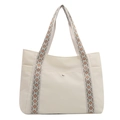 Grande borsa tote beige in tessuto Oxford con spalline intrecciate geometriche su sfondo bianco - Bianco Sporco