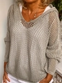 Light gray hollow mesh knit hoodie with loose V-neck and breathable texture - S / Gray