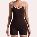 Brown ribbed yoga bodysuit with white contrast piping and criss-cross back detail - S / Brown