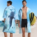 Blue whale shark print hooded beach poncho towel in microfiber for quick drying - Sleeved Zipper Style - Whale Shark
