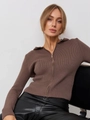 Detail shot of brown ribbed knit sweater featuring a metallic zipper and slim fit texture - S / Brown