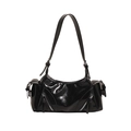 Retro black patent leather shoulder bag with multiple zip pockets and silver hardware - Black