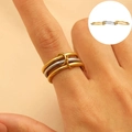 Interlocked triple band ring set in silver and gold finish with minimalist style - Two-tone Three-ring Interlocked Style (7032) / 18K Real Gold + Steel Color / US 8