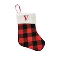 Red and black buffalo plaid Christmas stocking featuring an embroidered letter V - Letter V