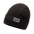 Dark coffee brown ribbed knit beanie hat featuring a retro fashion woven patch label - One Size / Coffee