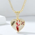 Golden hip hop broken heart pendant with red enamel and pavé crystals on tennis chain - Patched Broken Heart Gold