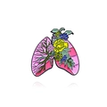 Vibrant pink lung-shaped enamel pin featuring yellow roses and green leaves - Pink Lung Flower (CC481)