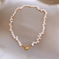 Baroque pearl necklace with a golden heart-shaped magnetic clasp on champagne silk - 63# Gold Heart Buckle Baroque Pearl Necklace