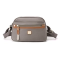Grey nylon crossbody bag for women with brown leather trim and wide fabric strap - Milk Tea