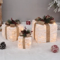 Set van 3 witte geweven kerstcadeaudozen met warme LED-verlichting en strikken - Witte Geweven Stijl (Met Licht)