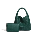 Deep green hand-woven leather hobo bag and matching zippered pouch set for women - Forest Green