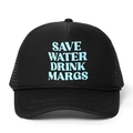 Detailed view of Save Water Drink Margs print on black breathable mesh trucker hat - Black