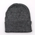 Detailed knit texture of dark grey wool beanie featuring rolled cuff and warm fabric - One Size / Dark Gray