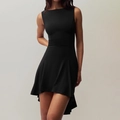 Detail shot of black bodycon dress featuring sleeveless cut and smooth fabric texture - S / Black