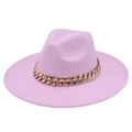 Close-up of lavender fedora hat with a glossy rose gold acrylic Cuban chain strap - Adult (57-60cm) / Taro Purple
