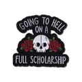 Going to Hell on a Full Scholarship Emaille-Pin mit Totenkopf und roten Rosen - Totenkopf Rose Schriftzug Stil (QHXZ013)