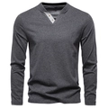 Donkergrijs heren T-shirt met lange mouwen, Henley-hals en houten knopen in 3D-vlak - S / donkergrijs