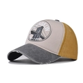 Close-up of distressed brim and Brooklyn New York print on a tricolor baseball cap - Adjustable / Yellow